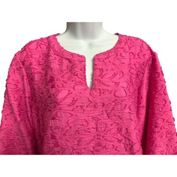 Ali Miles 1X Top Rich Pink Fancy Rayon Nylon Textured Woven 3/4 Sleeve Easy Care - Picture 4 of 5